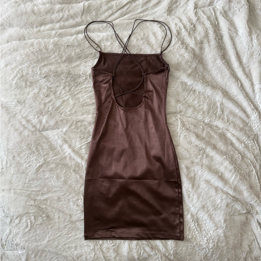 Brown Satin Open Back Mini Dress